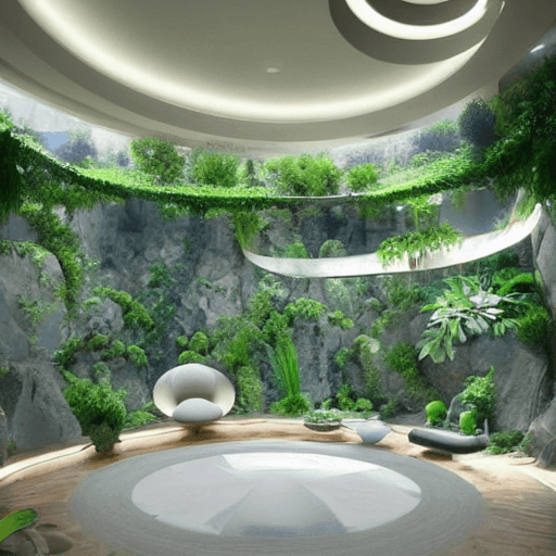 AI generated: futuristic curved zen room for meditation with crystals and lots of plants, organically shaped inter...