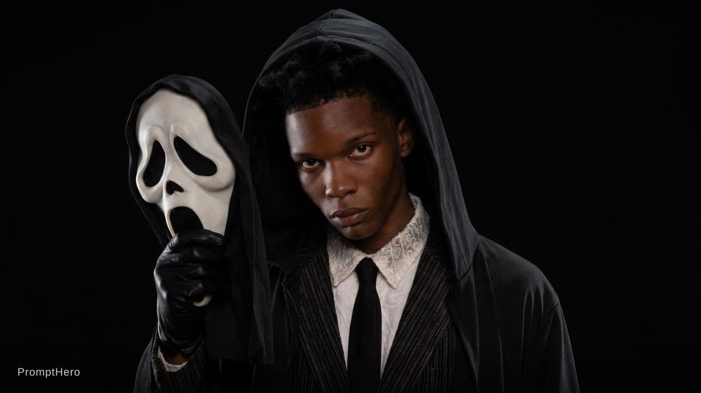 AI generated: As Ghostface in full outfit holding the mask of Ghostface mask off