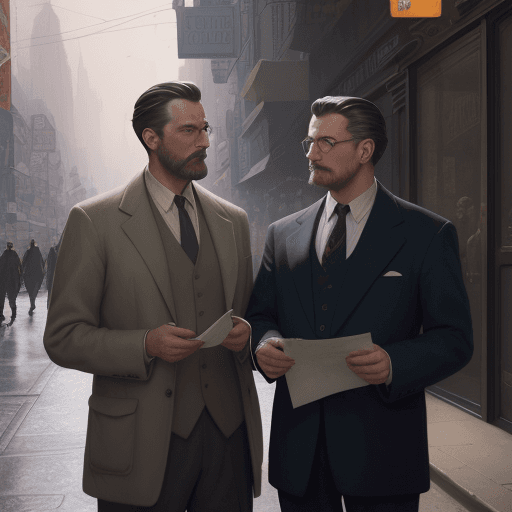 AI generated: Portrait of two men talking on the street about the 1940 election candidates, poster of a right-wing...