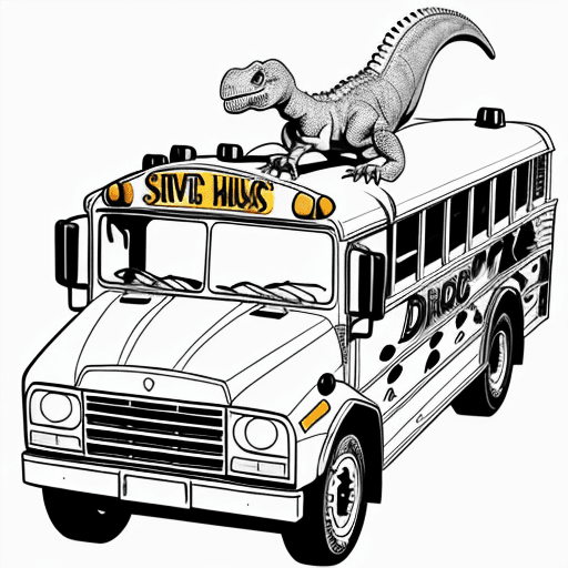 AI generated: dinosaur, drives, a school bus, coloring page, well detailed, black lines white background