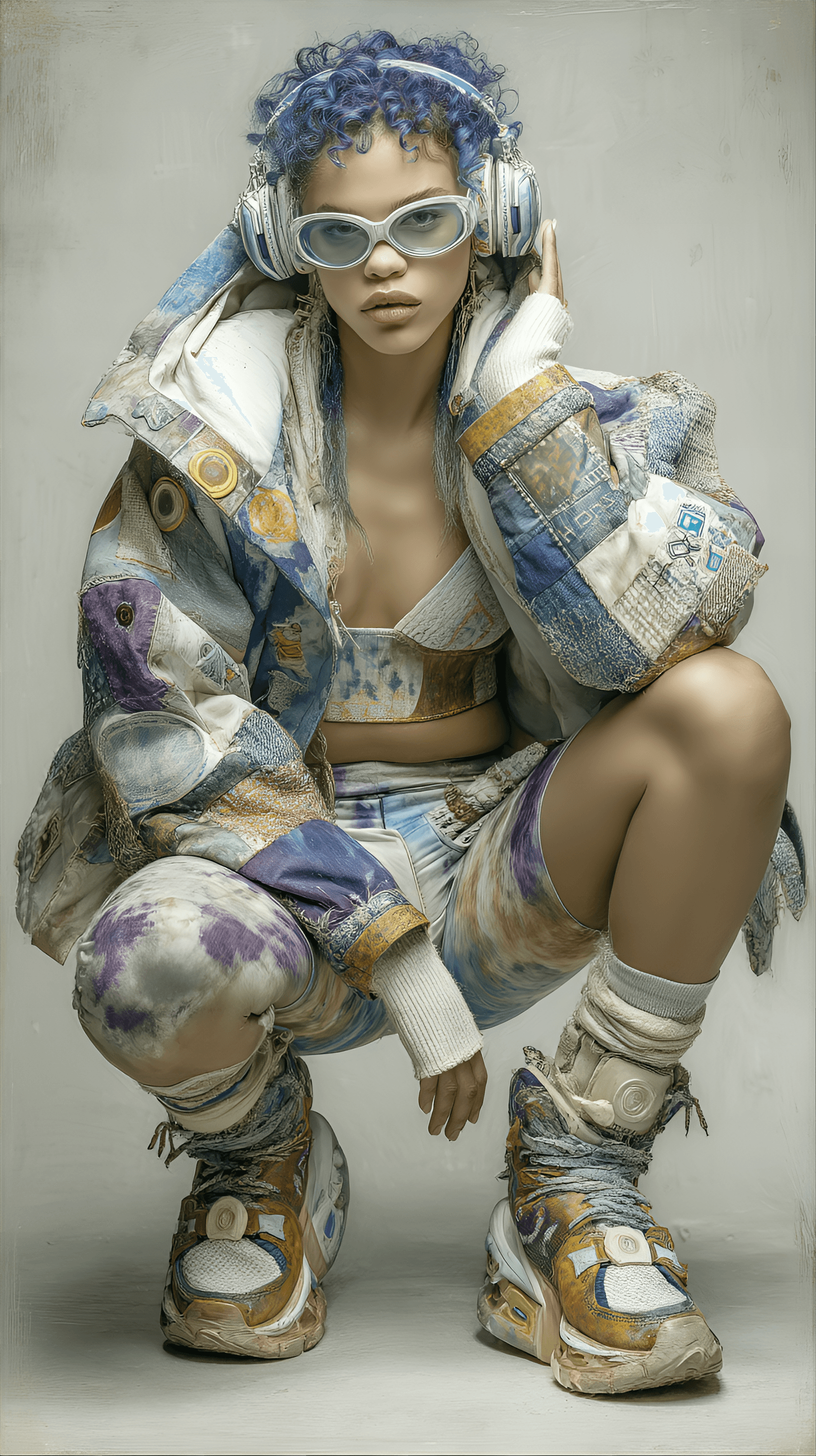 AI generated: a person posing in an eclectic and colorful outfit. They are wearing a vibrant jacket with patches, ...