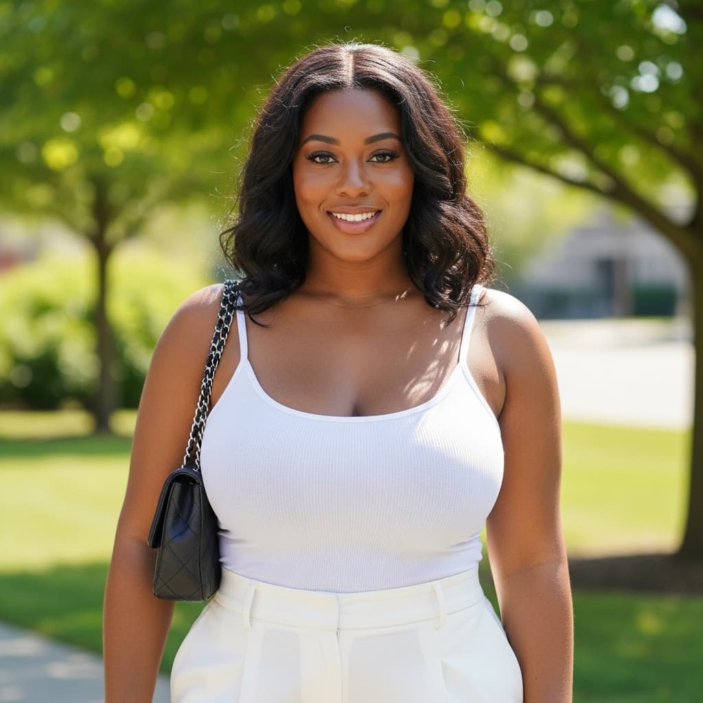 AI generated: On a sunny day, an ultra-realistic African American woman with a large chest stands outdoors, surrou...