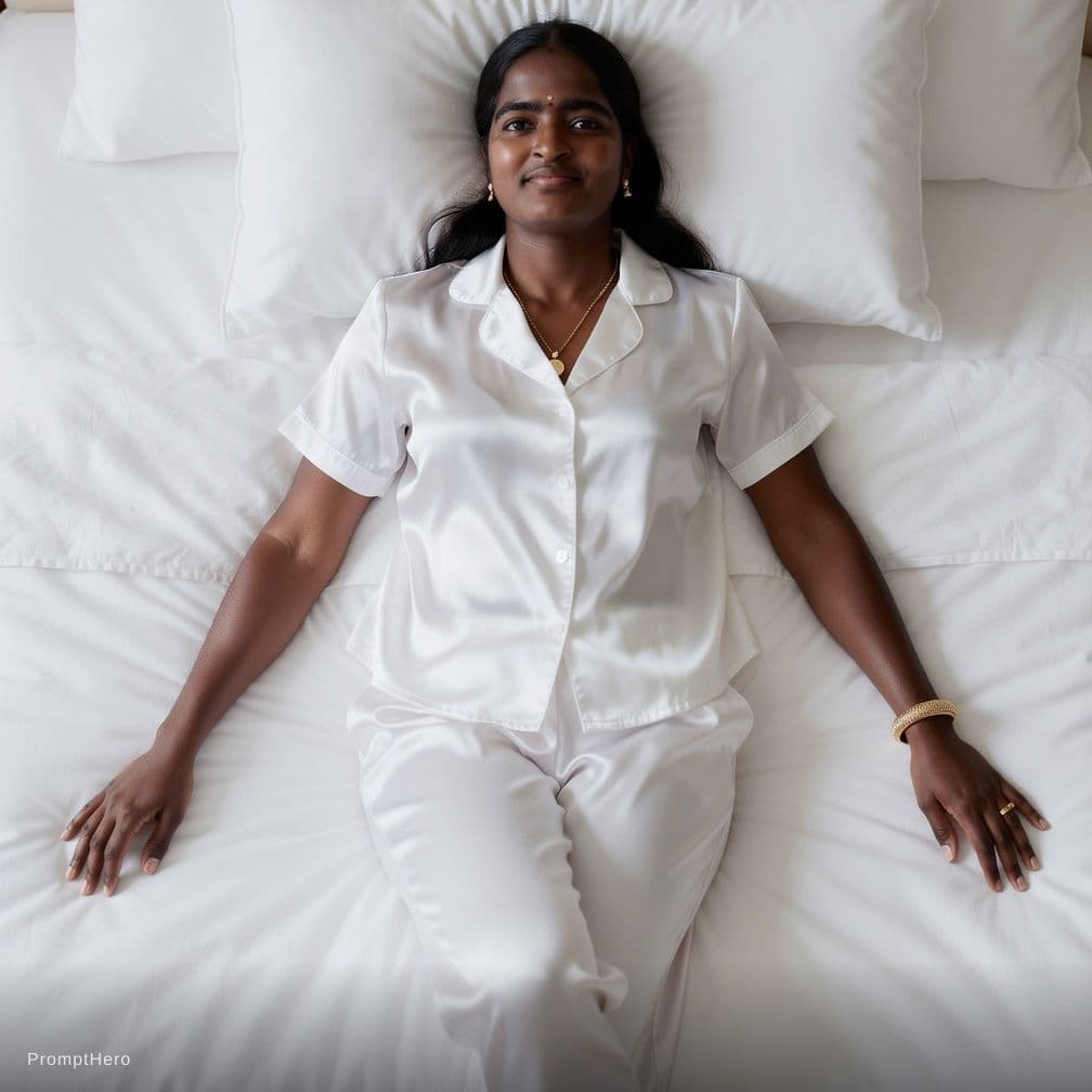 AI generated: Create a high-resolution photograph of a fit adult woman lying on her back in a bed covered with pri...