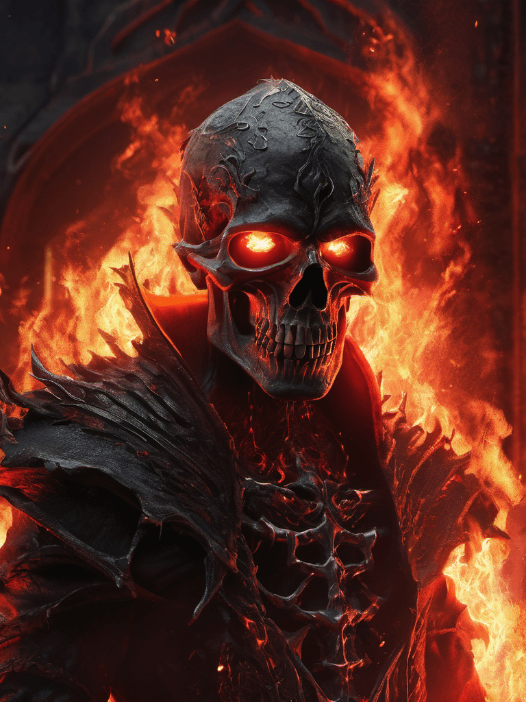 AI generated: close up of a skeleton in rags guarding the gates of hell, epic composition, hellish skull, sparklin...
