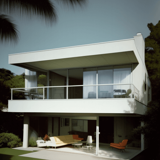 AI generated: Hyper realistic eye level exterior photo of a mid century modern style house overlooking the ocean, ...