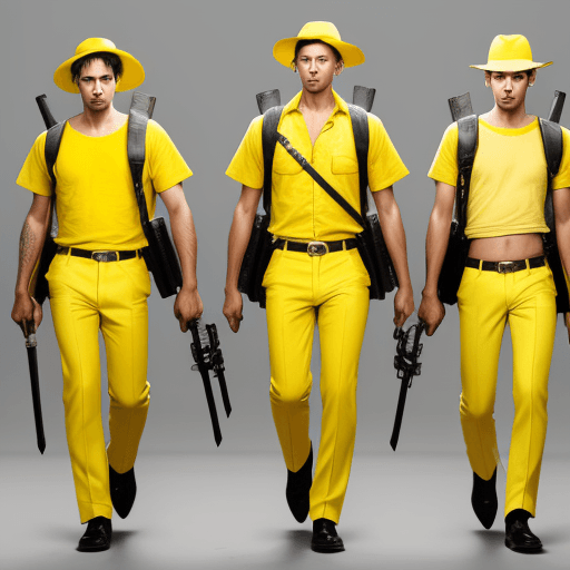 AI generated: A gang of four men wearing yellow and carrying weapons