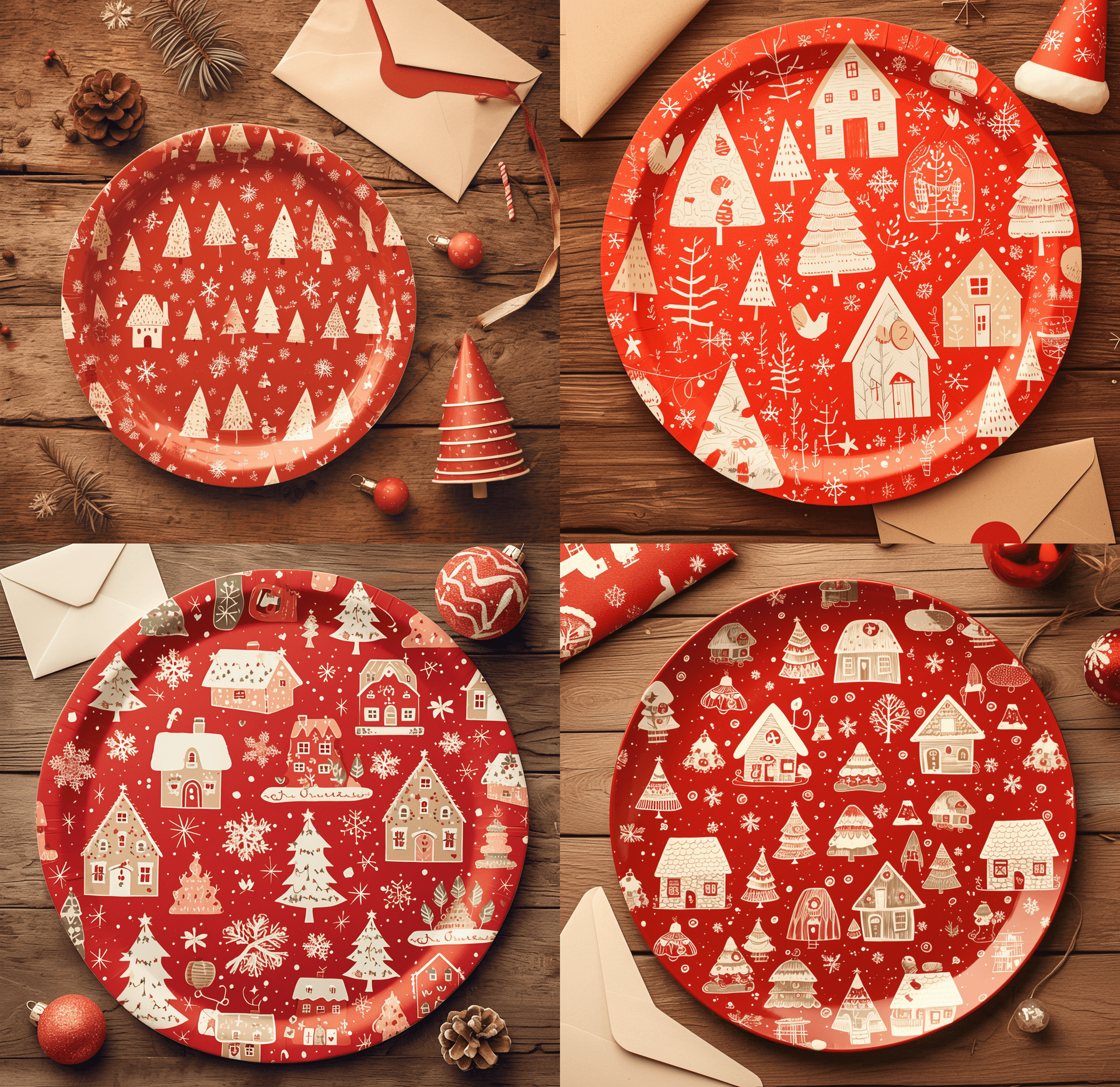AI generated: A red paper plate with white Christmas themed houses and trees pattern, with an envelope on the tabl...