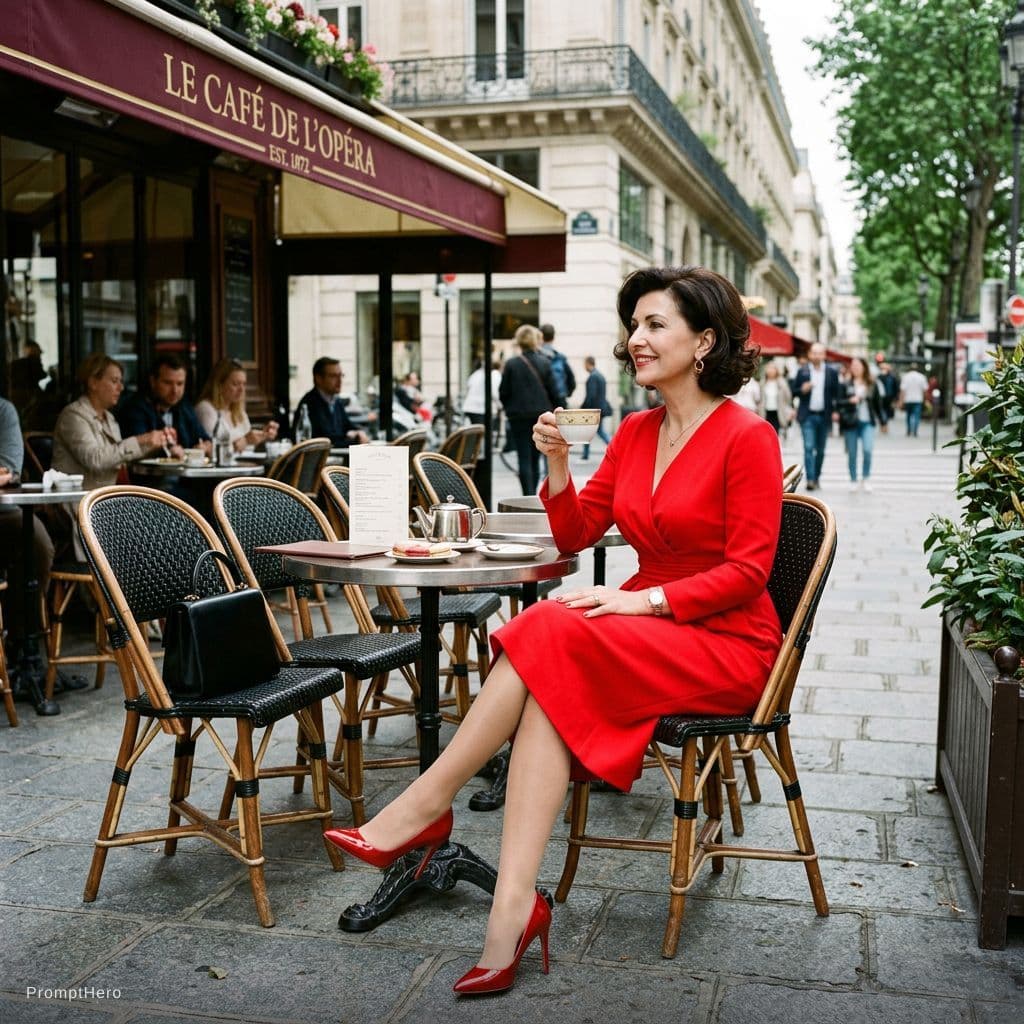 AI generated: lady having tea at a paris coffee shop, elegant, nude nylon, red heels, red dress