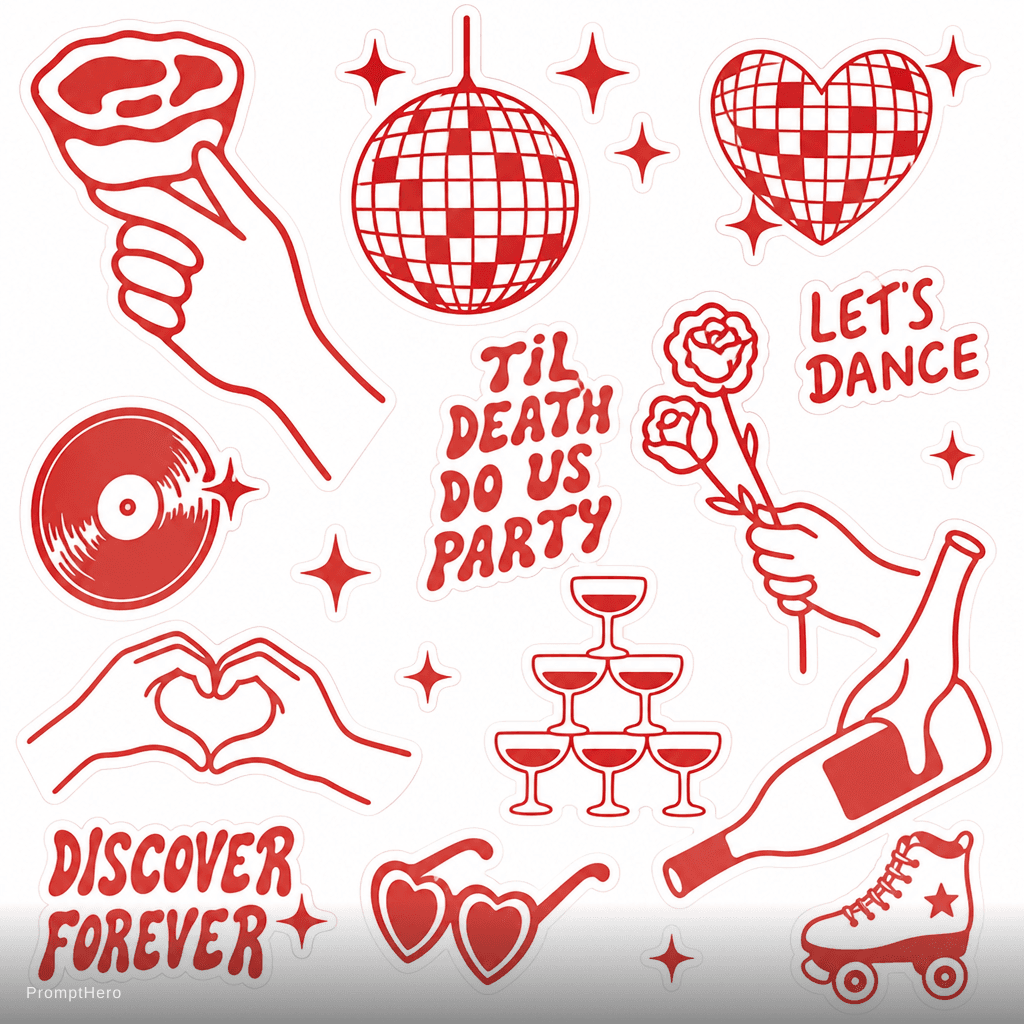 AI generated: Funky disco sicker pack for a funky chic wedding in the style of the provided images one color stick...