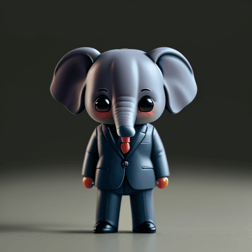 AI generated: litle Elephant wearing business suit, funko pop render, big head, small body, hand in pockets