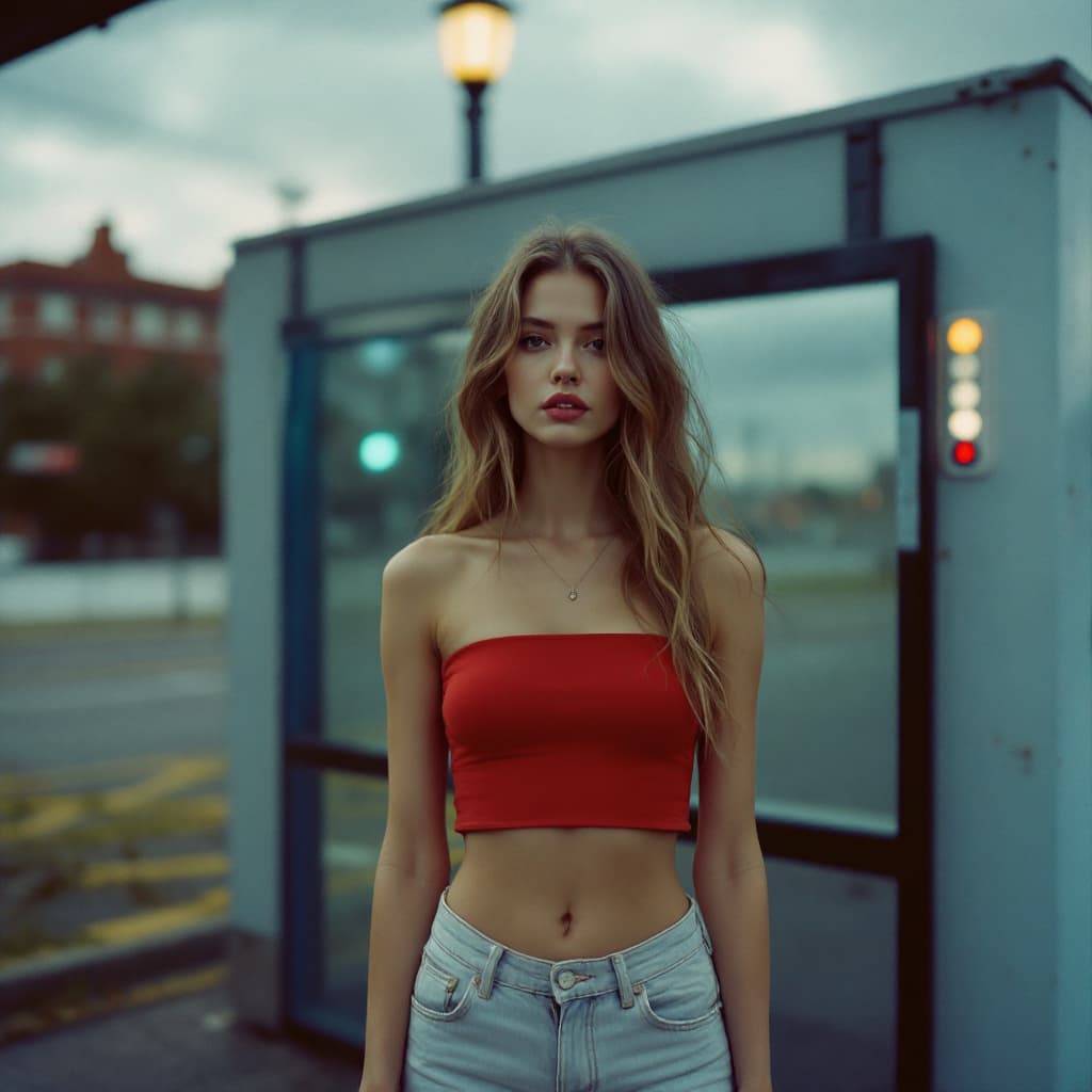AI generated: a woman wearing a cropped top and jeans standing in front of the bus stop, in the style of Oleg Opri...