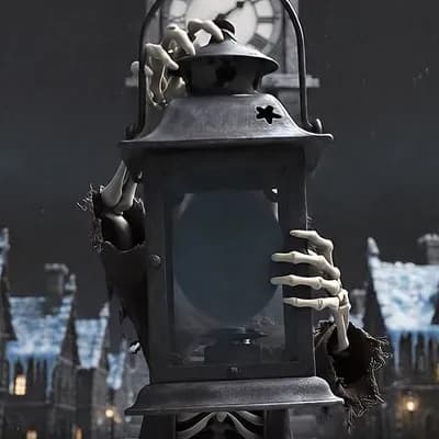 AI generated video: The lantern flame dies out. Silence. The skeleton boy stands alone again in the frozen square. He op...