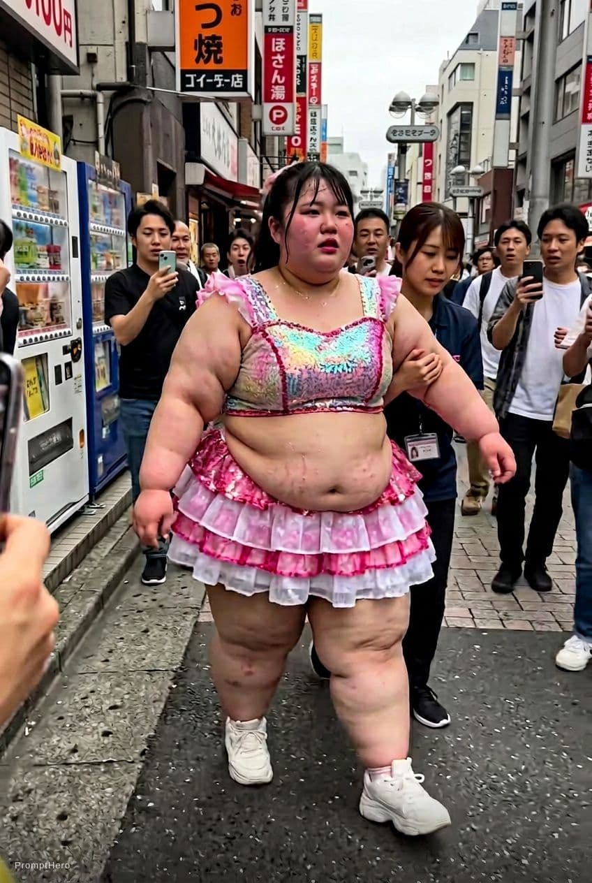 AI generated: Passerby video style scene, a young Asian female pop idol weighing around 1500 lbs struggles to walk...