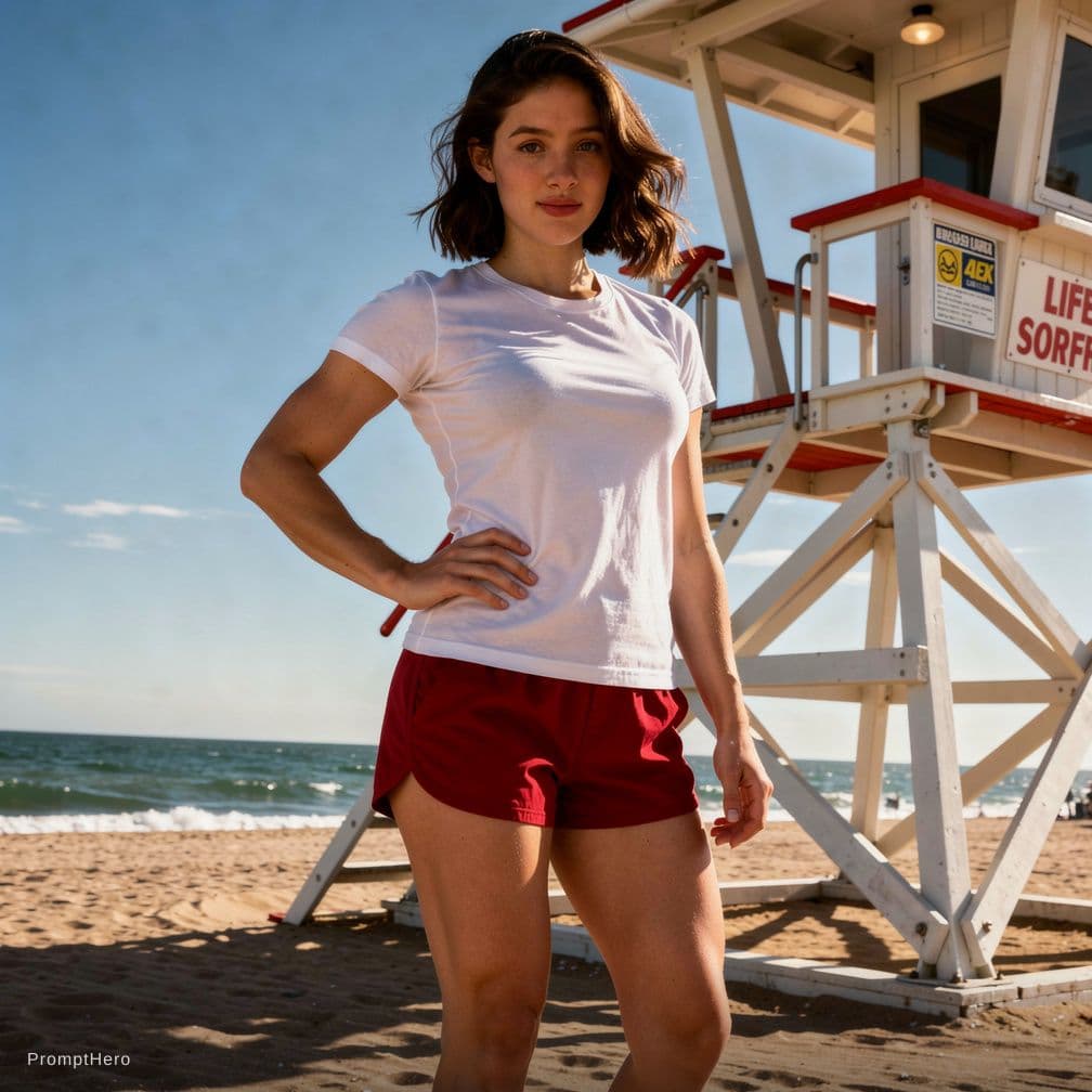 AI generated: 1girl, (full body), (action shot), (dynamic pose), (a girl as a lifeguard wearing a plain white shir...