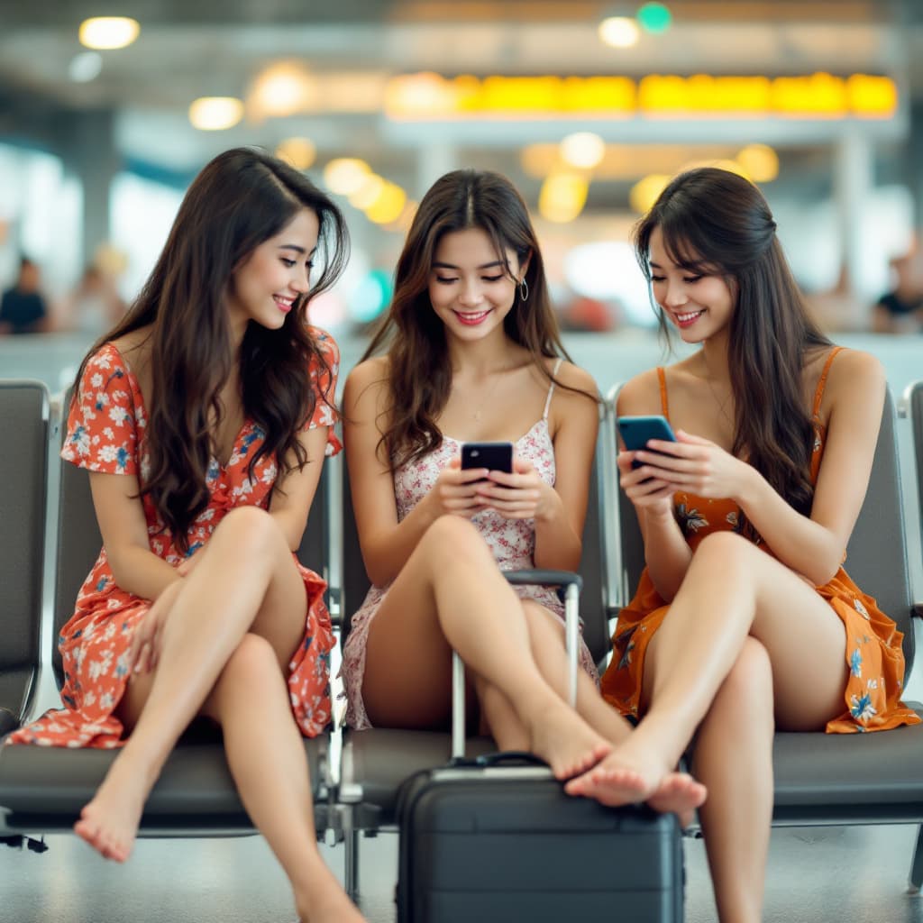 AI generated:  Three Vietnamese adult female friends, in summer dress, at the air port. Waiting for their flight, ...