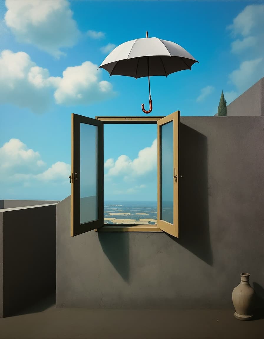 AI generated: A surrealist painting inspired by René Magritte. The composition features a reversed still life; an ...