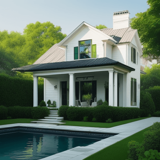 AI generated: beautiful house with a green garden, american style, a small pool, white walls, black roof, green wi...
