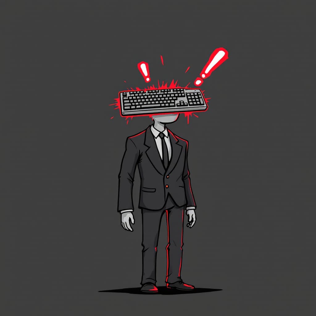 AI generated: a humanoid figure in a full-length formal suit, with curved shoulders and a computer keyboard floati...