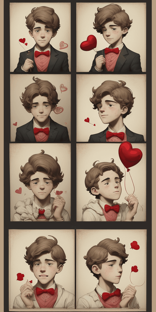AI generated: a poster depicts a boy holding a heart shaped balloon, in the style of sketchfab, poodlepunk, warm t...