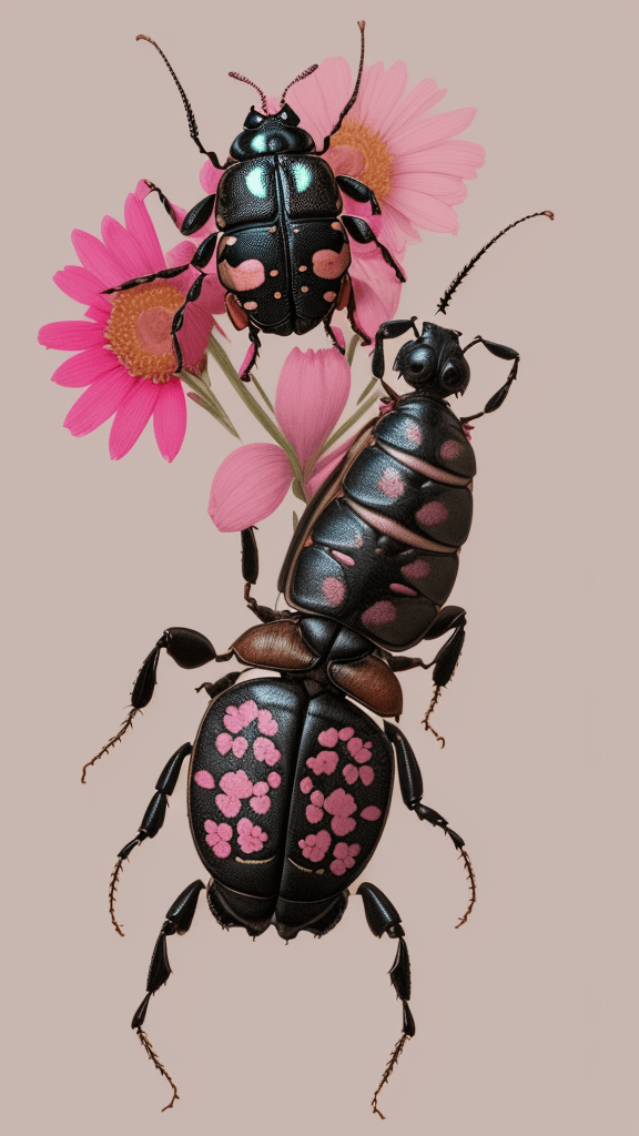 AI generated: floral beetle wearing a (long:1.2) pink (scarf:1.3), a beetle with arms and a head, (dark shot:1.17)...