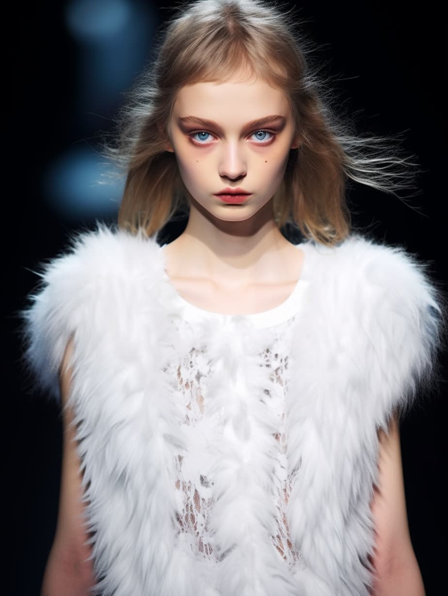 AI generated: a woman in a white dress on a runway, intricate heterochromia sad, very tight small cropped top, you...