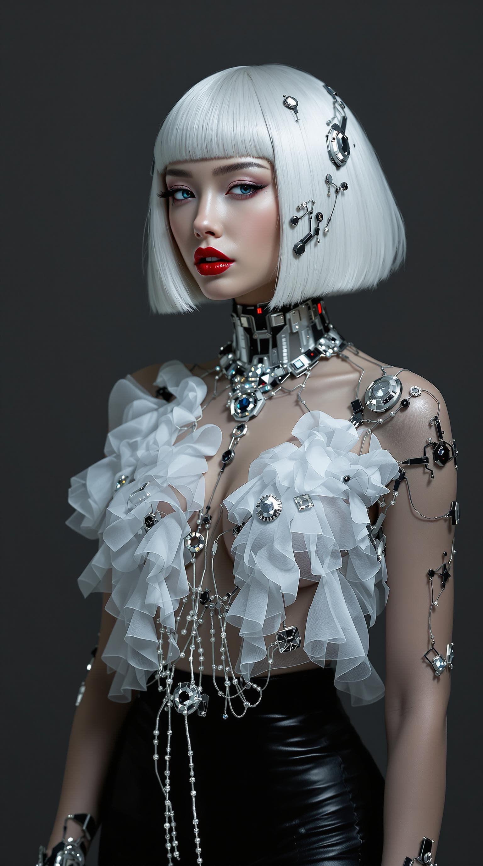 AI generated: A royal beautiful futuristic cyborg woman with white bob hair and red lips, flat chest, wearing blac...