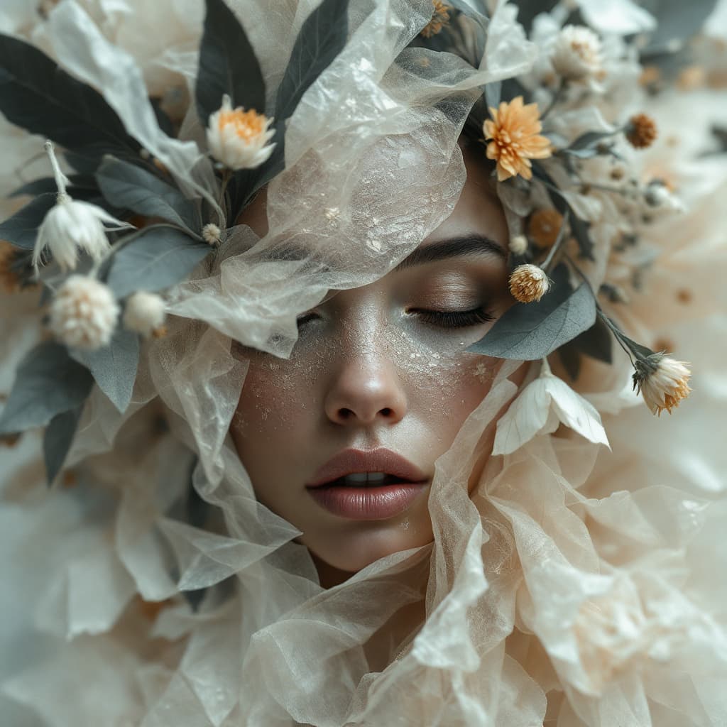 AI generated: woman made of tinfoil + dried flowers, mysticism, + coherent, haze, fog, finest drawing, macro, clea...