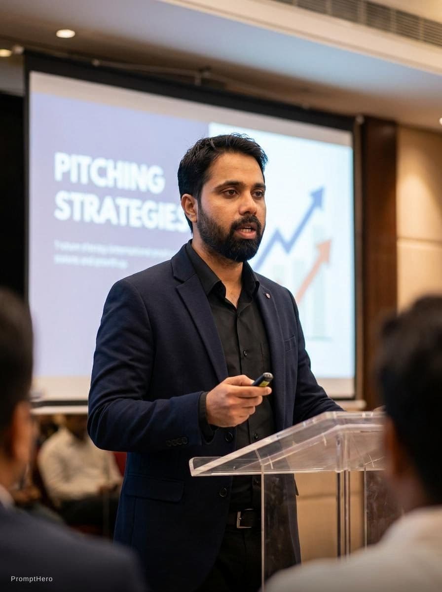 AI generated: Realistic entrepreneur speaking at a startup workshop, standing in front of a projection screen, hol...