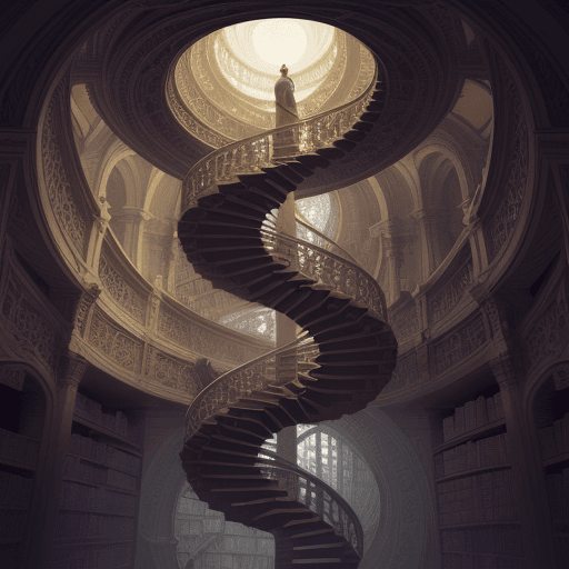 AI generated: staring up infinite climbing celestial library spiraling towards light, books, spirals, escher, grad...