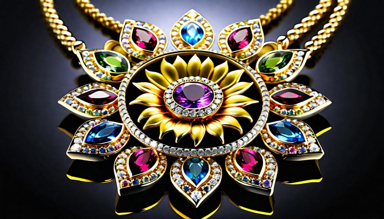 AI generated: The Sunflower made of colorful gems and adorned with diamonds designed as a chrome and gold necklace...