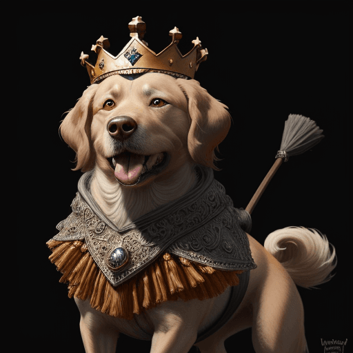 AI generated: Dog with a majestic crown, riding a broomstick like harry potter, D&D, fantasy, intricate, elegant, ...
