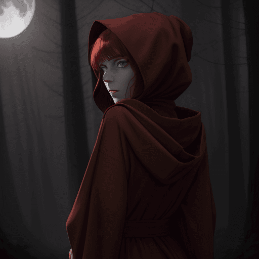AI generated: A girl with green eyes and red hair in a brown robe with a hood on her head, viewed from the back, h...