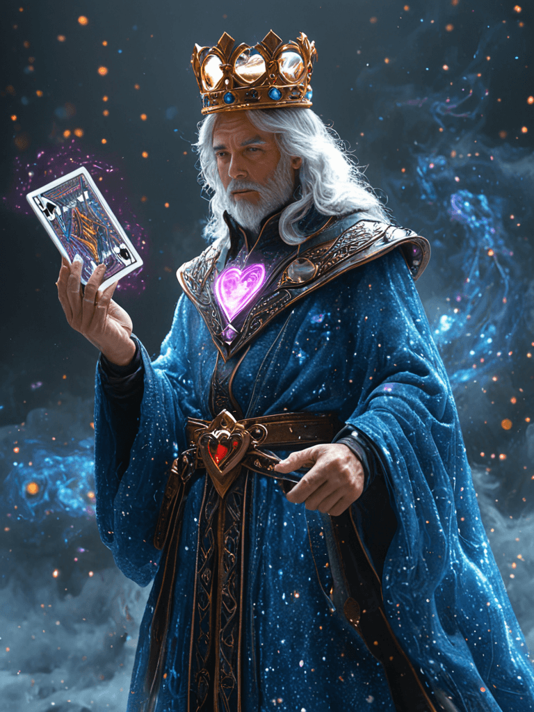 AI generated: realistic,highres,reality,<lora:FantasyWizardWitchesXLV3:1>,hkmagic,The King of Hearts card transfor...
