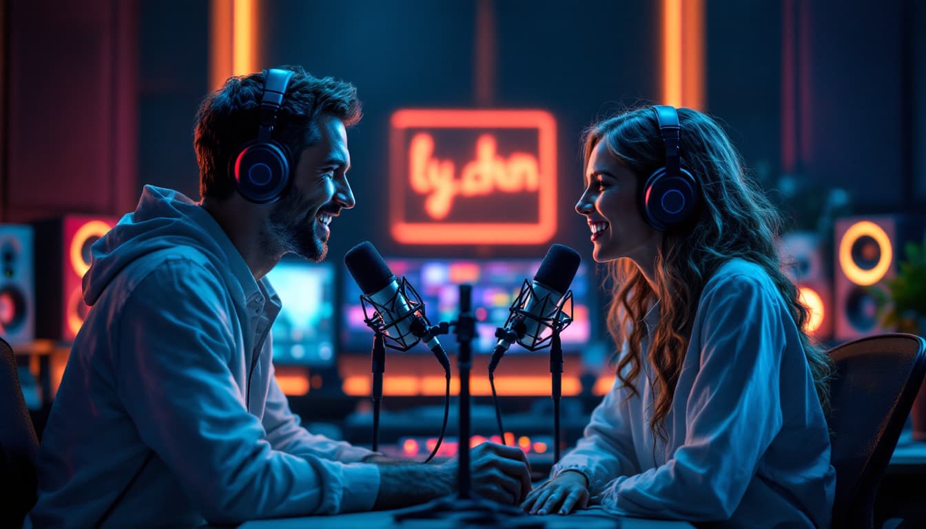 AI generated: Realistic male and female sitting in a modern podcast studio, wearing headphones, speaking into micr...