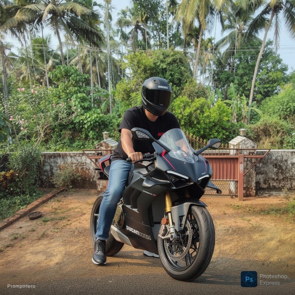AI generated: The boy wearing a Agv black helmet wants to be sitting on a Ducati panigale V4s black bike with a bl...