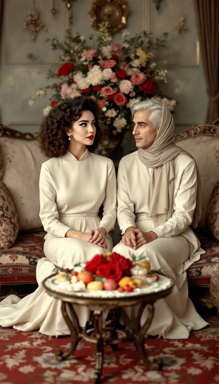 AI generated: The young couple sits inside a traditional Iranian home, surrounded by their two elderly fathers and...