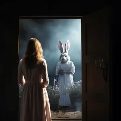 AI generated video: An Easter bunny monster prepares to take a woman away as she walks towards a door