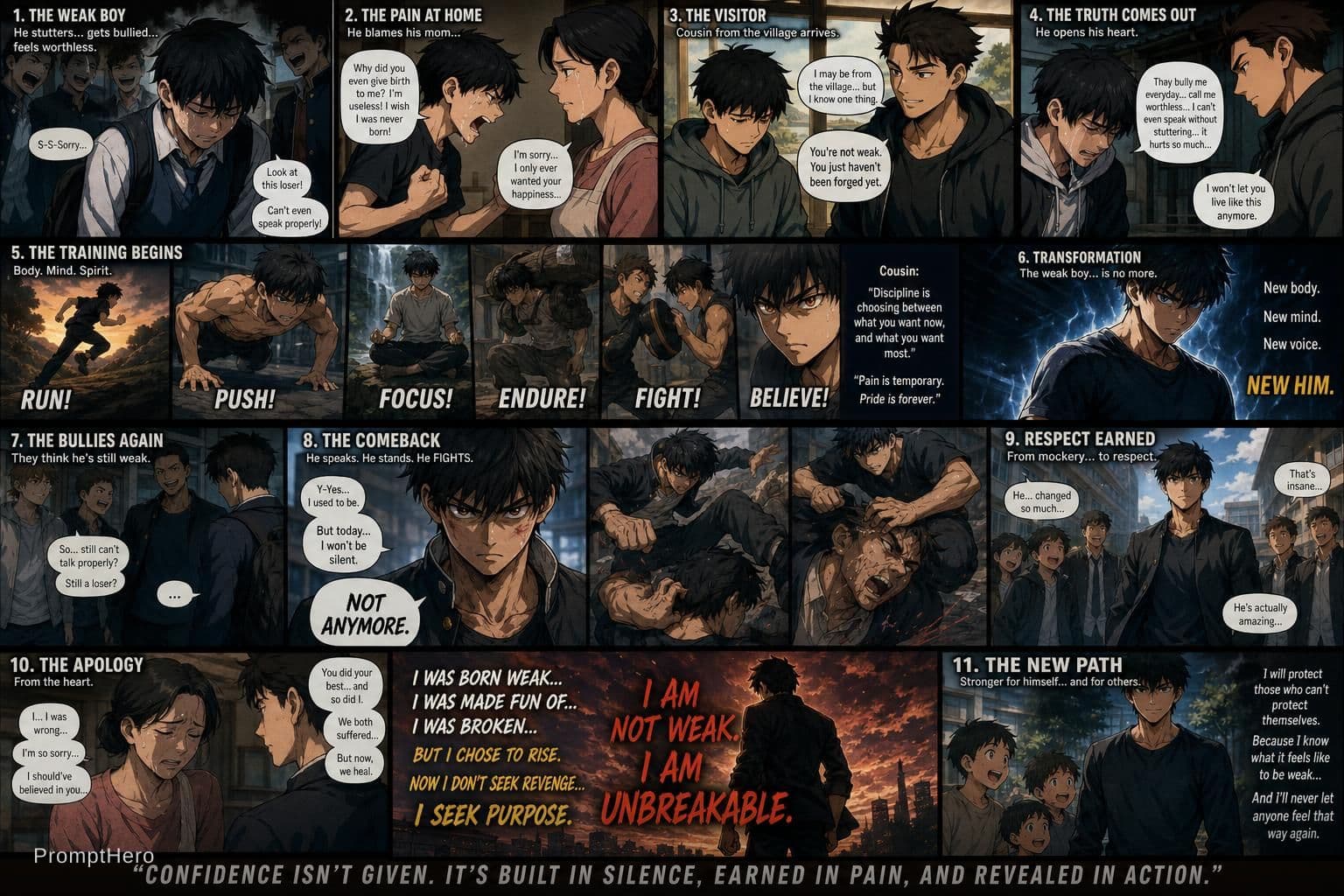 AI generated: “Write an emotional action anime story about a weak teenage boy who gets bullied at school because h...