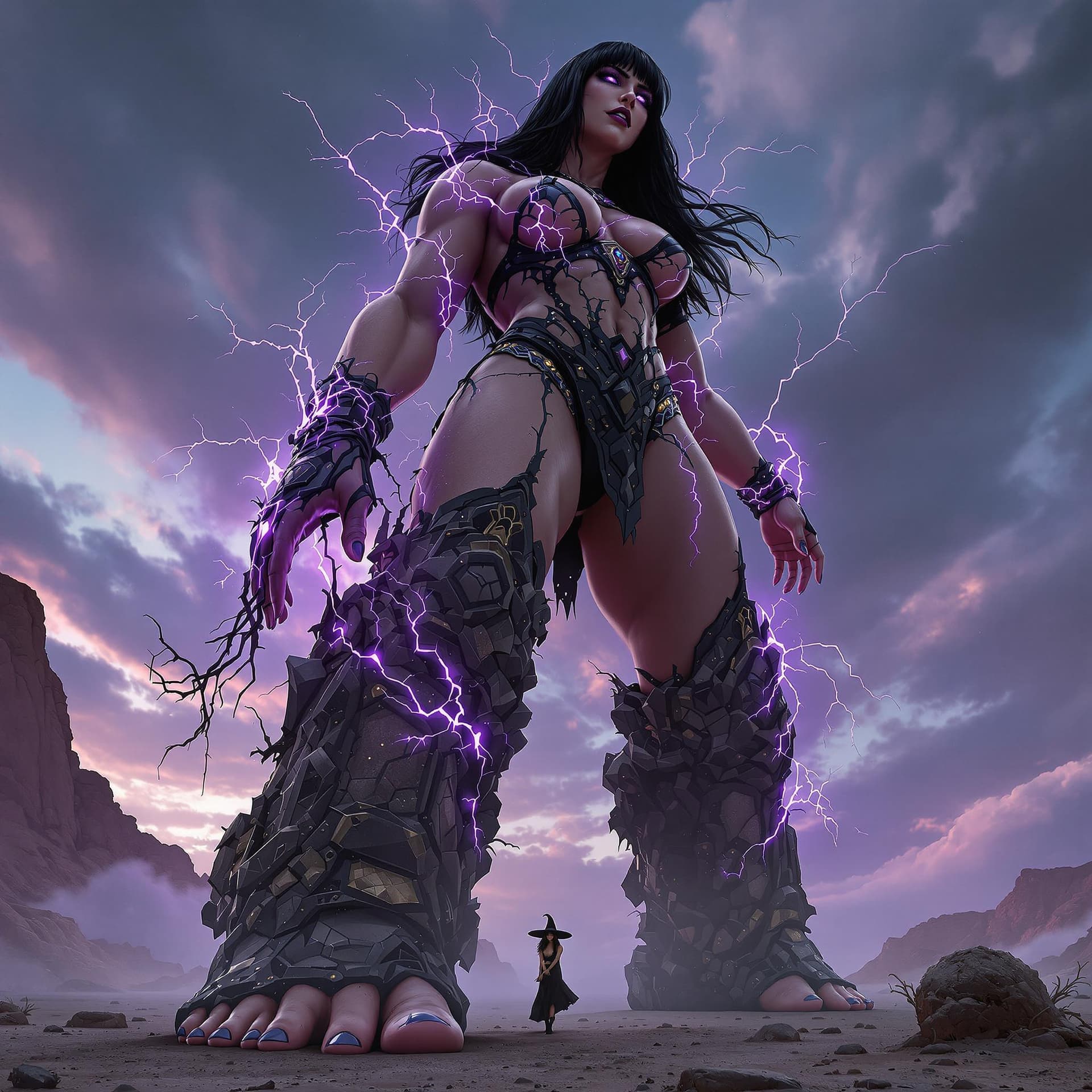AI generated: enormous giantess female Rhea Ripley from WWE with black medium length hair and straight bangs, bigg...