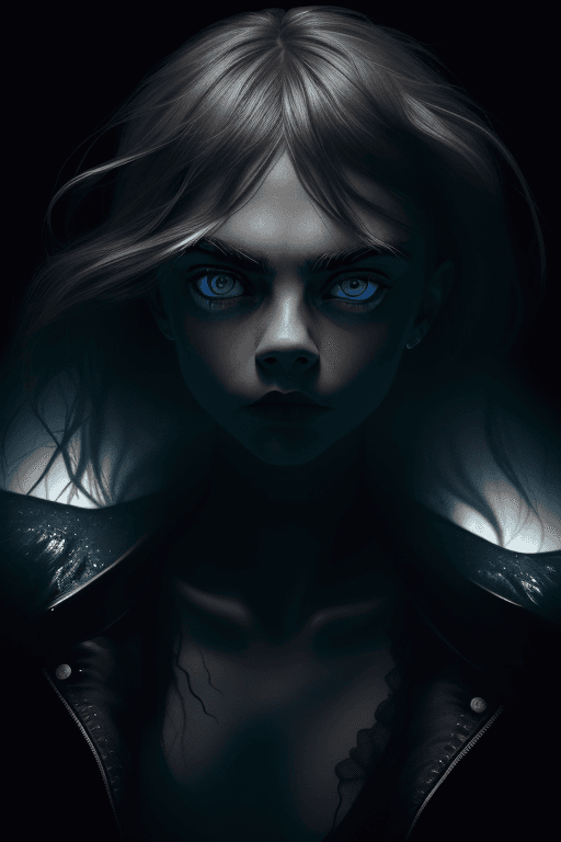 AI generated: Cara Delevingne, ((incorporeal)) ghost, surrounded by glowing fog, black backdrop background, dynami...