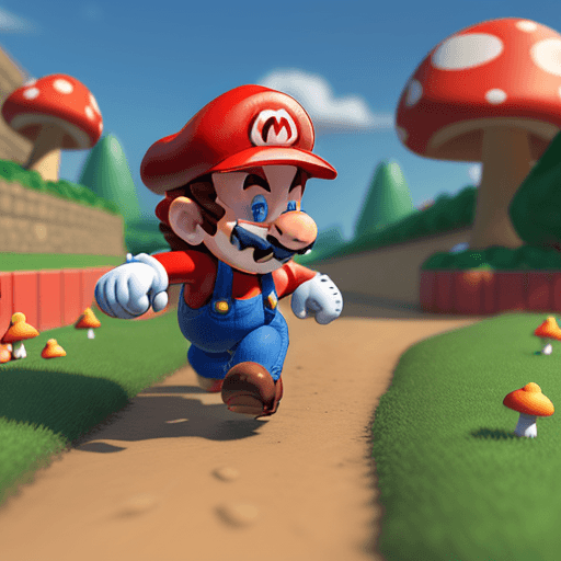 AI generated: Super-Mario running, Mushroom Kingdom background, 32k, closeup, trending on poltcount 3D, game --v 5...