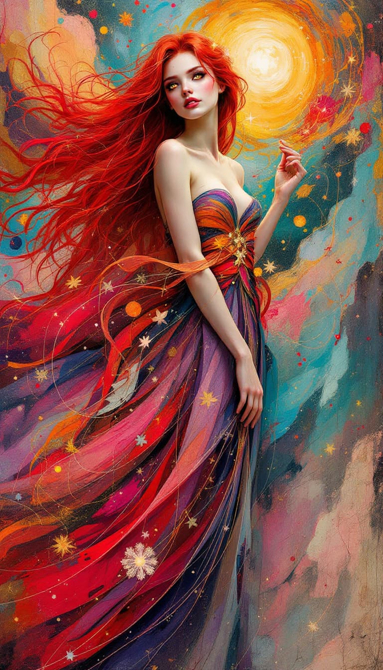 AI generated: "Ruby Dream Weaver in a Shifting World": A compelling abstract painting portrays a dream weaver, exu...