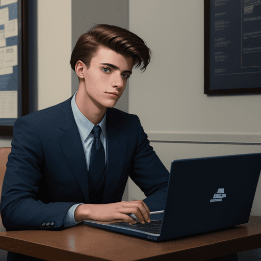 AI generated: portrait of a young man in a dark blue business suit with a laptop in his hands sitting at a table o...