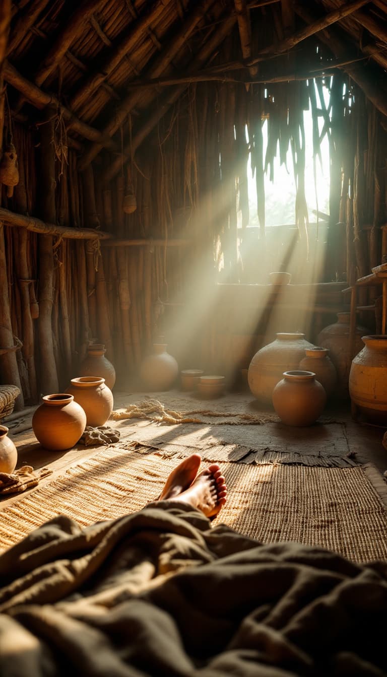 AI generated: "First-person perspective of waking up inside a traditional Gond tribe hut in 900 CE. The camera is ...