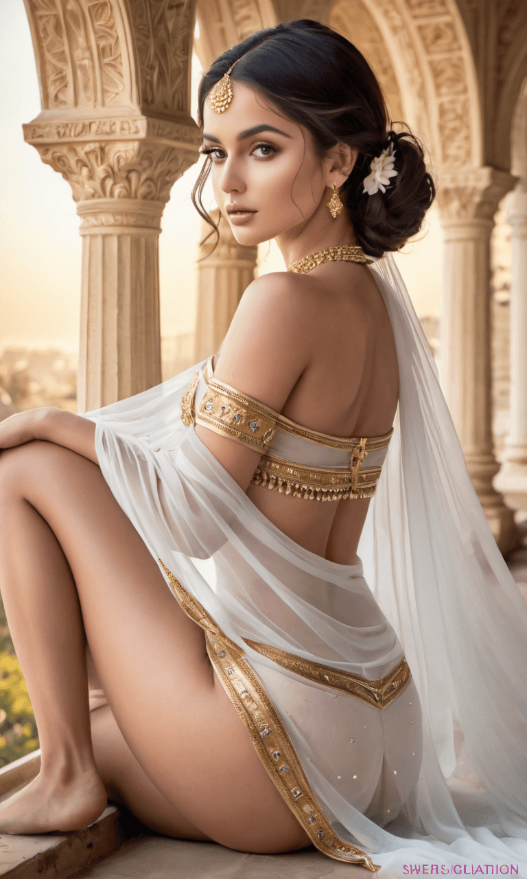 AI generated: Indulge in the seductive spectacle of a ravishing goddess adorned in hues of pink and gold, captivat...