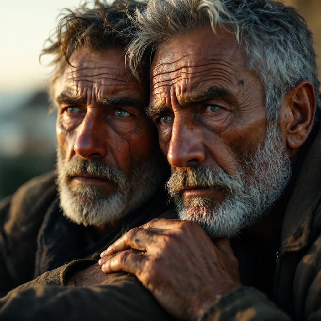 AI generated: A hyper-realistic close-up portrait of two close friends in their late 30s to 50s, sitting shoulder ...