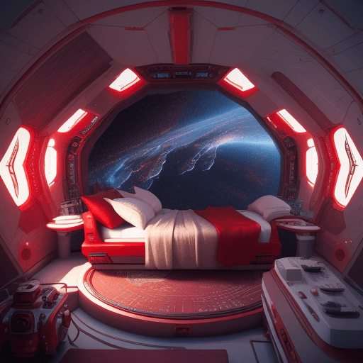 AI generated: an extremely comfortable bed in a spaceship, red, hyper intricate, hyper detailed, 8K DSLR professio...