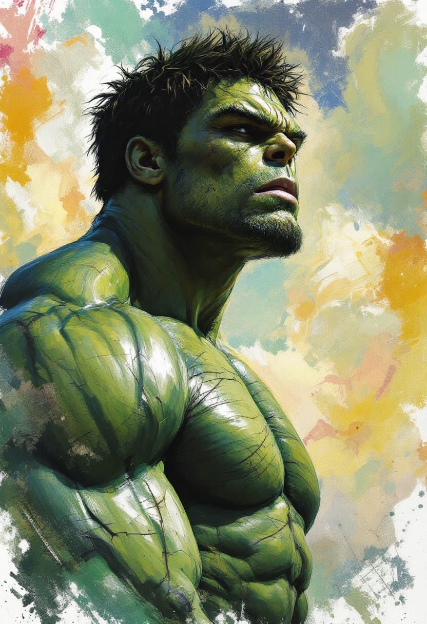 AI generated: Portrait tilted at 45 degrees, dynamic pose, Hulk, battle scars, Art Nouveau, Neo-Impressionism, cha...
