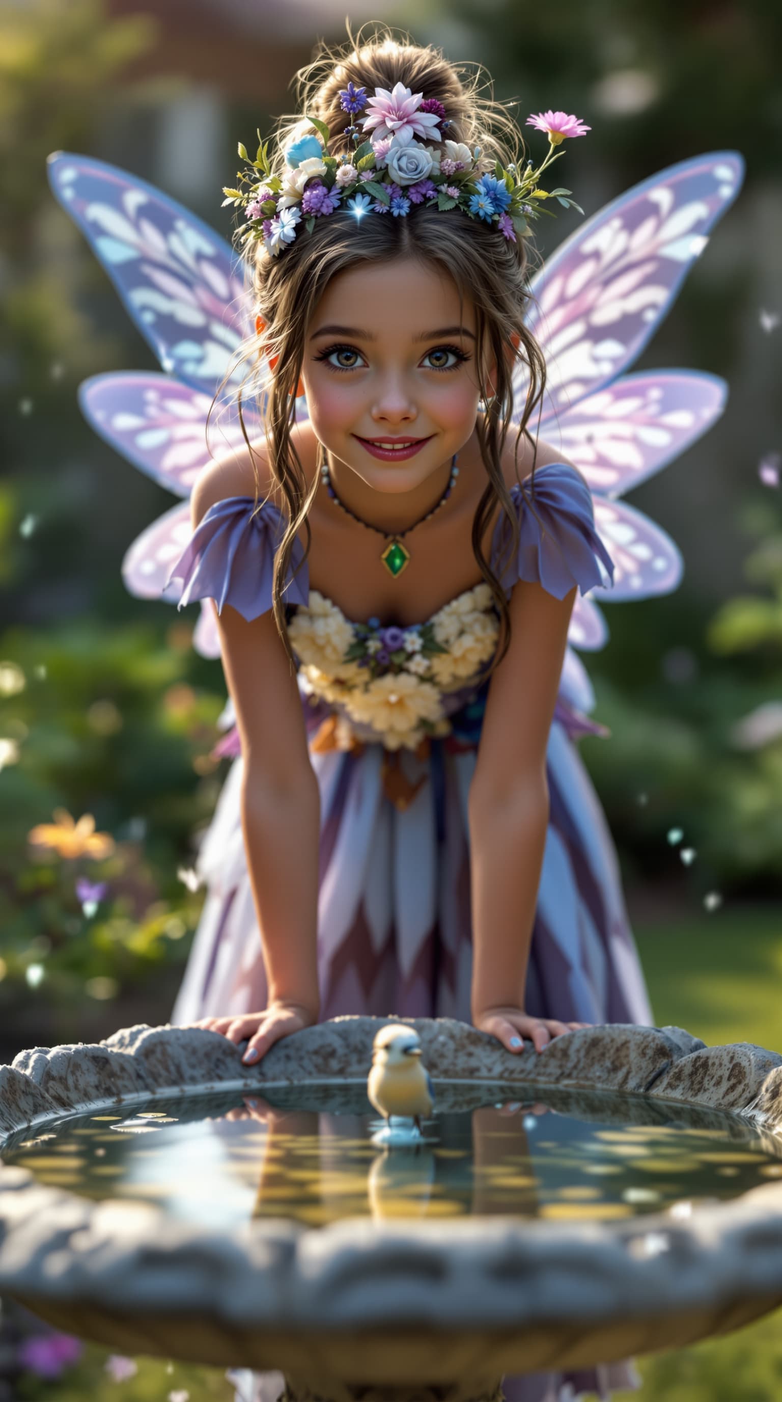 AI generated: A hyper-realistic depiction of a ten year old Evie Templeton dressed in the style of a fairy, Standi...