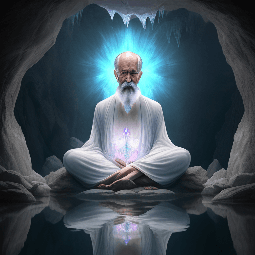 AI generated: A photorealistic image of Sigmund Freud as a wise mystic meditating in a sacred cave deep within a m...